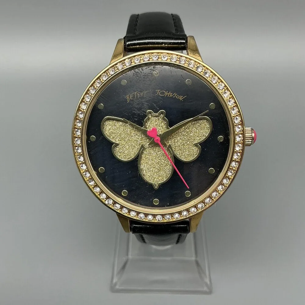 Betsey Johnson Womens Watch 39mm Black Bee Dial Gold Tone Leather New Battery